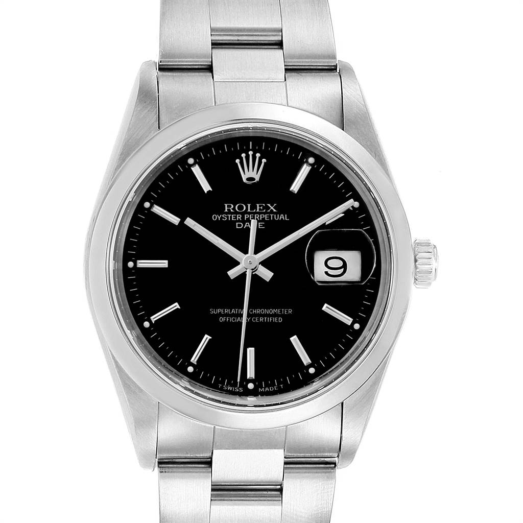 The Rolex Date 15200 Men's Stainless Steel Black Dial 15200 Men's Stainless Steel Black Dial watch model is shown from a front angle, displaying the dial, hands, crown, and bracelet.