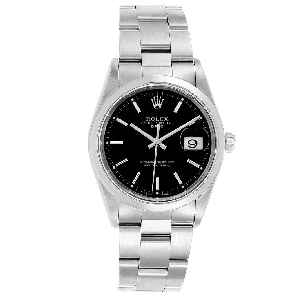 The image shows a Rolex Date 15200 Men's Stainless Steel Black Dial 15200 Men's Stainless Steel Black Dial model watch, featuring its black dial, date window, stainless steel case, and bracelet band from the front angle.
