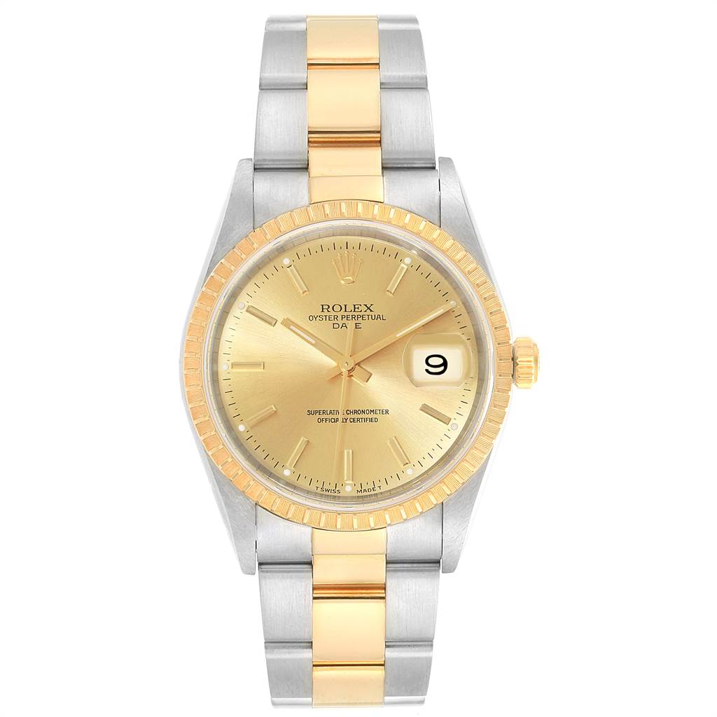 This is a front view of a Rolex Date 15223 Men's Steel and Gold (two tone) Champagne Dial 15223 Men's Steel and Gold (two tone) Champagne Dial model watch, showing the dial, bezel, and two-tone bracelet.