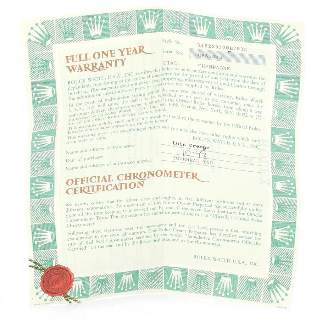 This image is of a Rolex Date 15223 Men's Steel and Gold (two tone) Champagne Dial 15223 Men's Steel and Gold (two tone) Champagne Dial model watch warranty and official chronometer certification paper.