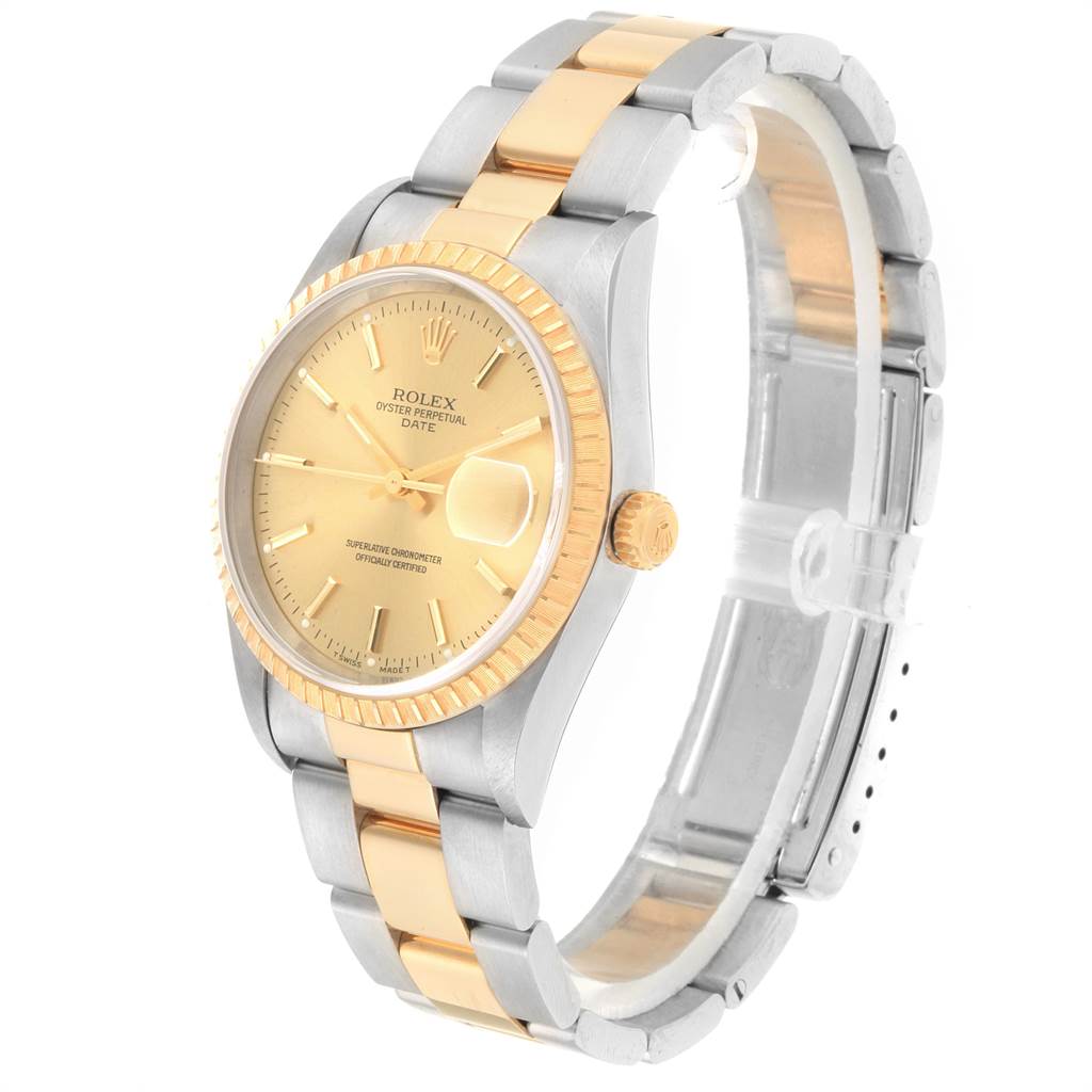 The image shows a Rolex Oyster Perpetual Date watch at a 3/4 angle, highlighting the face, case, bezel, and bracelet.