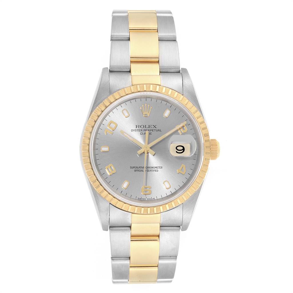 The image shows a front view of a Rolex Date 15223 Men's Steel and Gold (two tone) Grey Dial 15223 Men's Steel and Gold (two tone) Grey Dial model featuring a two-tone metal bracelet and a silver dial.