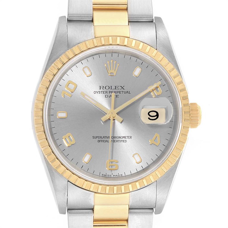 Rolex Date Steel Yellow Gold Slate Dial Mens Watch 15223 SwissWatchExpo