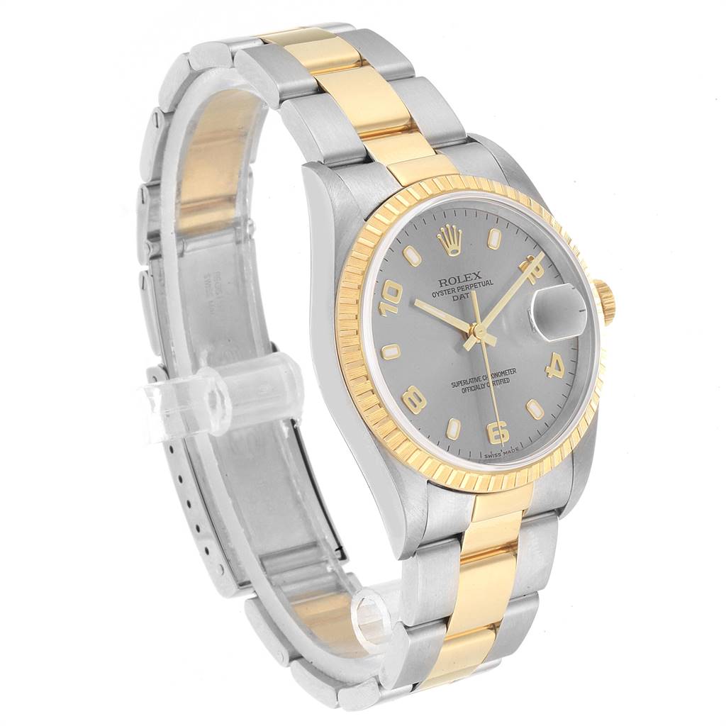 The image shows a Rolex Date 15223 Men's Steel and Gold (two tone) Grey Dial 15223 Men's Steel and Gold (two tone) Grey Dial model watch at a slight angle, highlighting the dial, bezel, and bracelet.