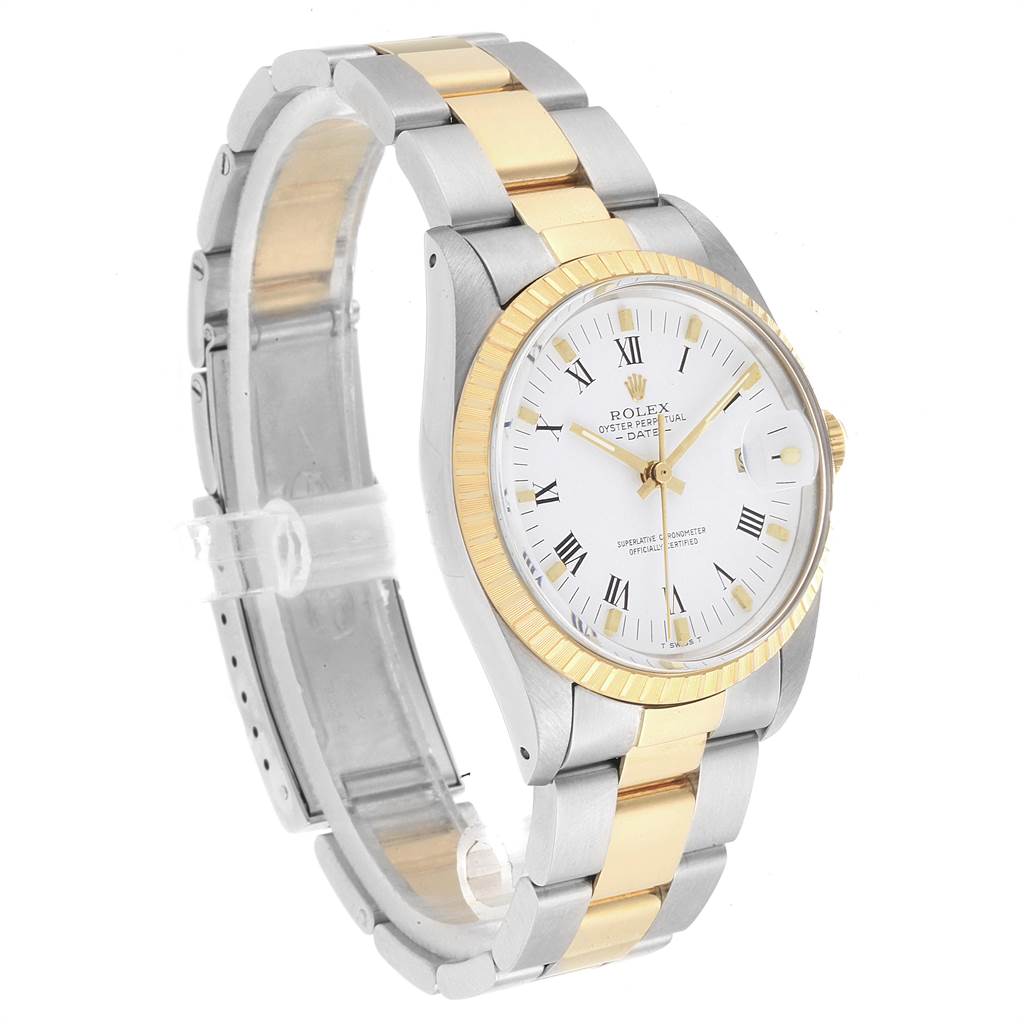 The image shows a Rolex Date 15053 Men's Steel and Gold (two tone) White Dial 15053 Men's Steel and Gold (two tone) White Dial model watch at an angle, highlighting its two-tone band and face with Roman numerals.