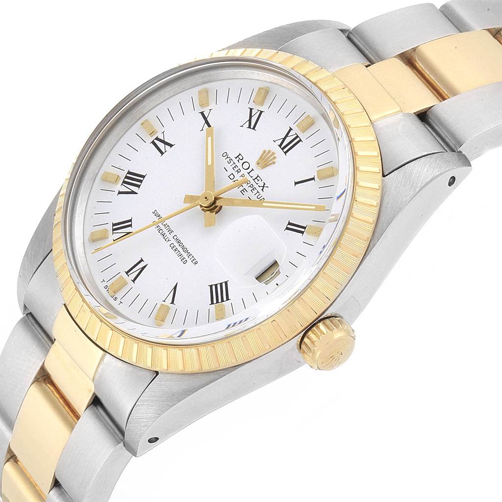 The image shows a Rolex Date 15053 Men's Steel and Gold (two tone) White Dial 15053 Men's Steel and Gold (two tone) White Dial watch model angled from the front, displaying the bezel, dial, crown, and partially the bracelet.