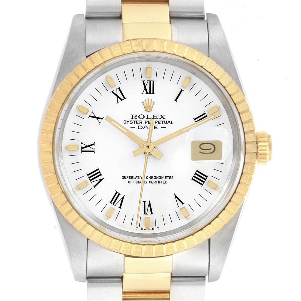 The image shows a close-up front view of a Rolex Date 15053 Men's Steel and Gold (two tone) White Dial 15053 Men's Steel and Gold (two tone) White Dial model watch, featuring its dial, bezel, and part of the bracelet.