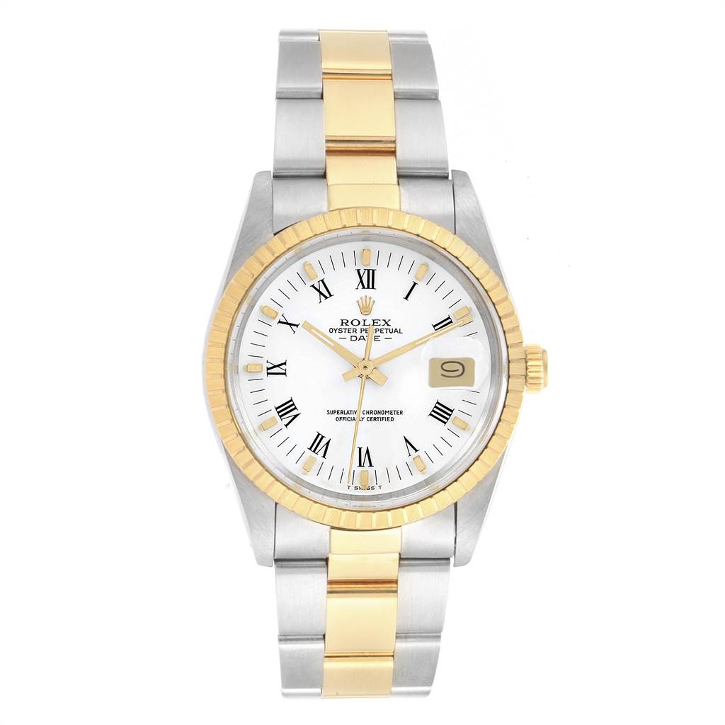 The image shows a front view of the Rolex Date 15053 Men's Steel and Gold (two tone) White Dial 15053 Men's Steel and Gold (two tone) White Dial model watch, featuring a white dial, Roman numerals, and a two-tone metal bracelet.