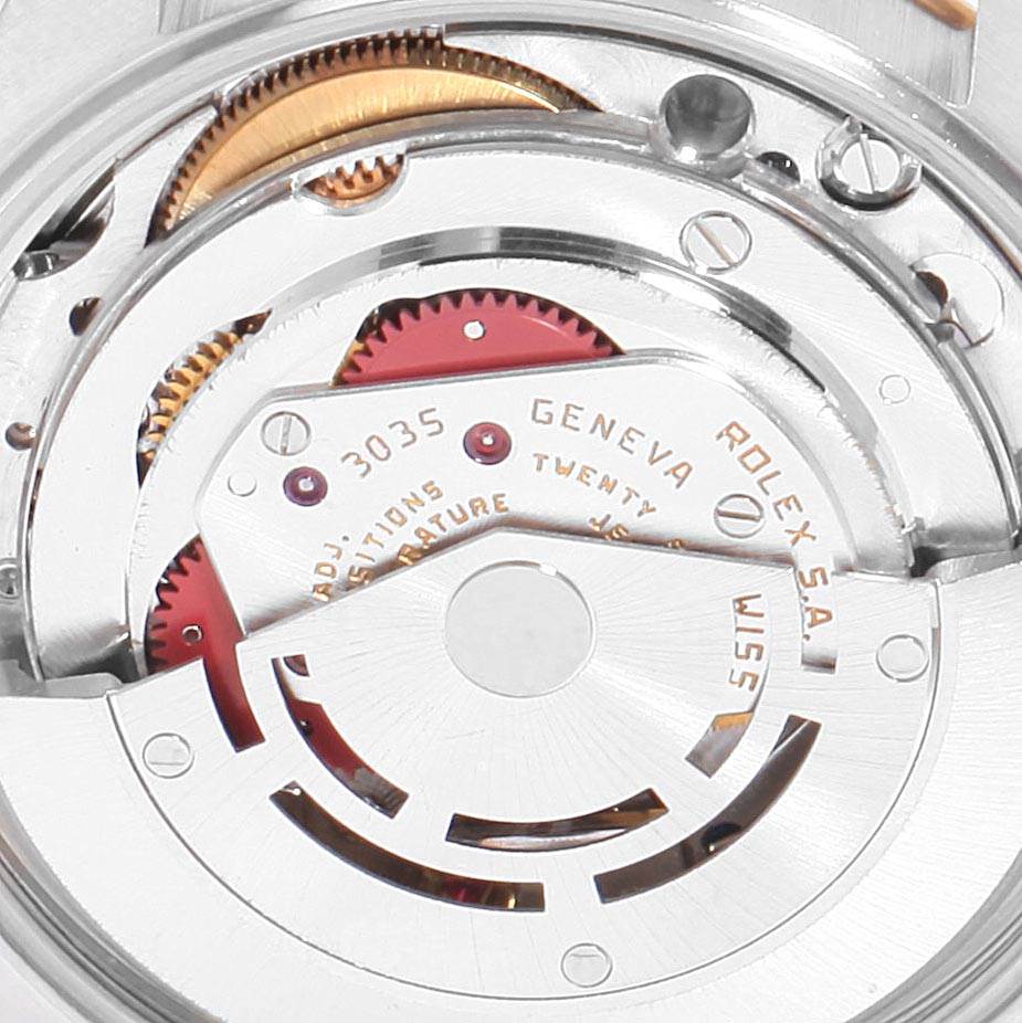 This image shows a detailed close-up view of the movement mechanism of a Rolex Date 15053 Men's Steel and Gold (two tone) White Dial 15053 Men's Steel and Gold (two tone) White Dial model watch.