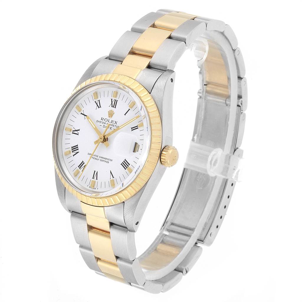 The Rolex Date 15053 Men's Steel and Gold (two tone) White Dial 15053 Men's Steel and Gold (two tone) White Dial model watch is shown at a three-quarter angle, displaying its dial, bezel, and two-tone bracelet.
