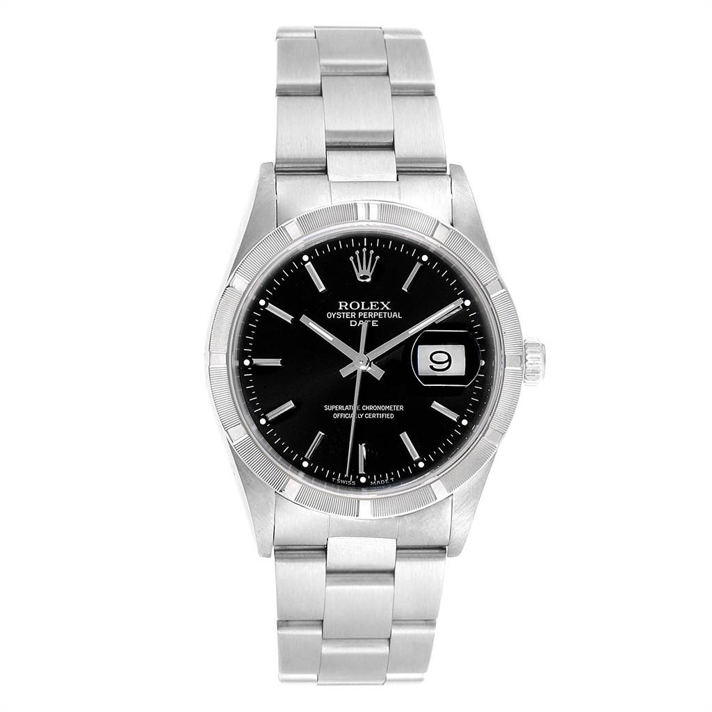 The image shows a Rolex Date 15210 Men's Stainless Steel Black Dial 15210 Men's Stainless Steel Black Dial model watch from the front, featuring its dial, bezel, bracelet, and date display.