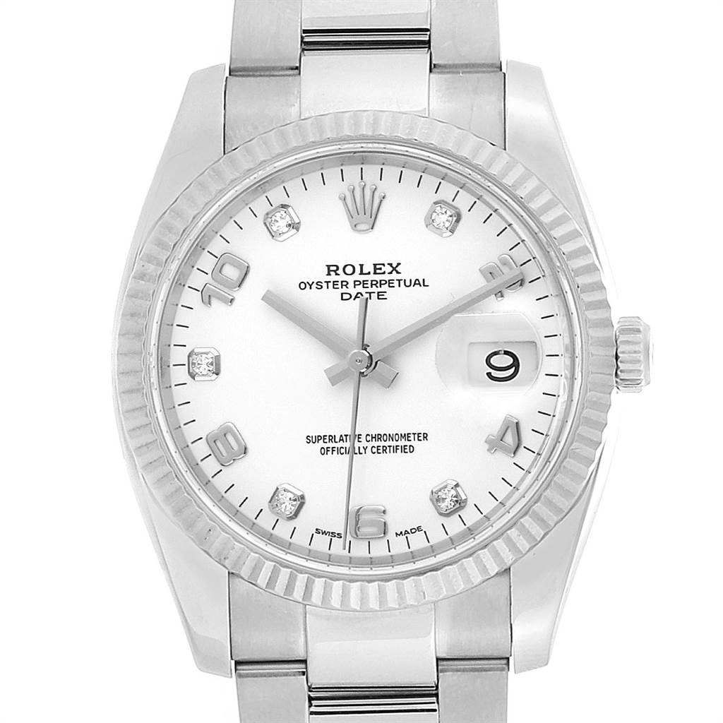 This image shows a frontal view of the Rolex Date 115234 Men's Stainless Steel White Dial 115234 Men's Stainless Steel White Dial model watch, featuring the dial, hands, bezel, and part of the bracelet.