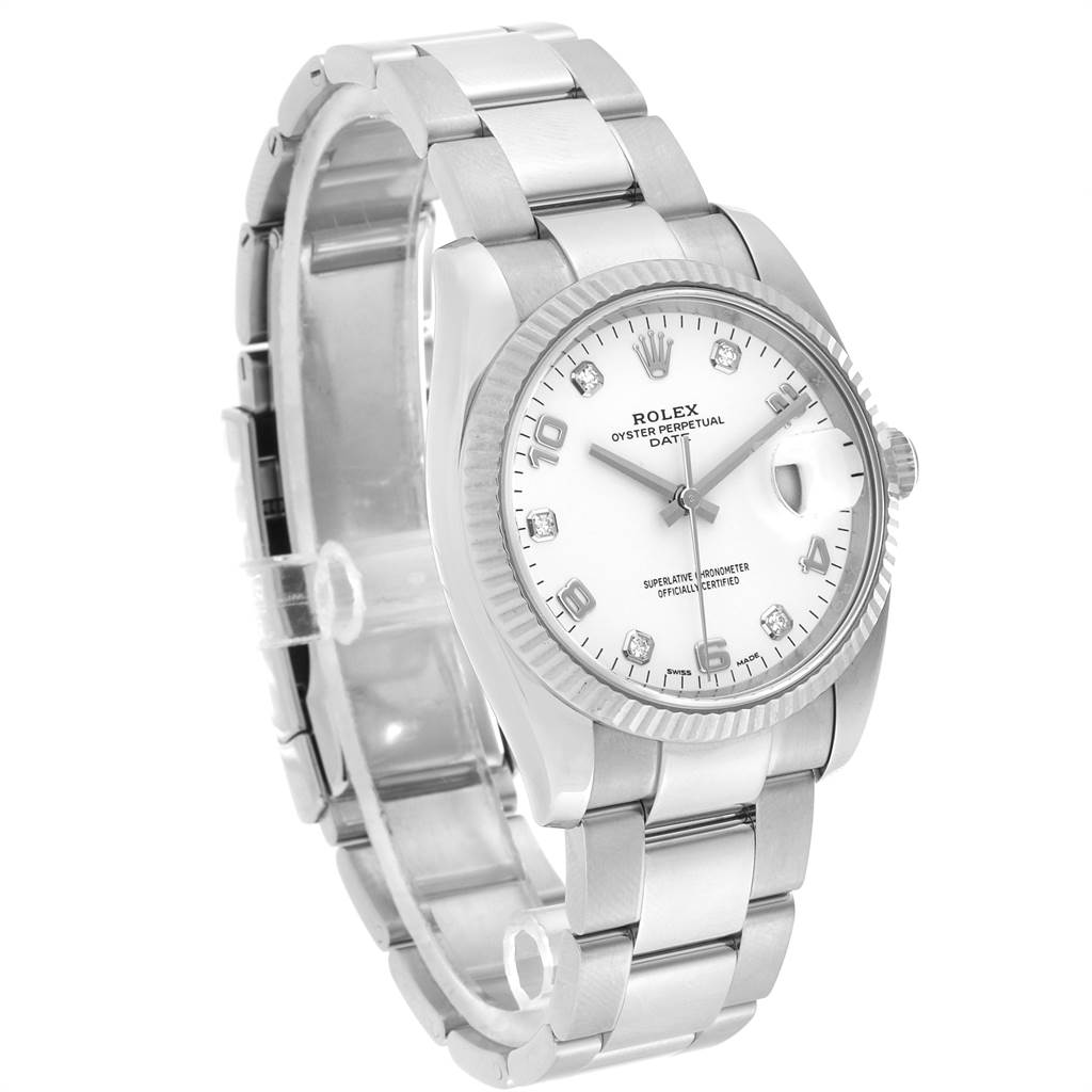 The image shows a Date model Rolex watch from an angled perspective, displaying the face, bezel, and bracelet.