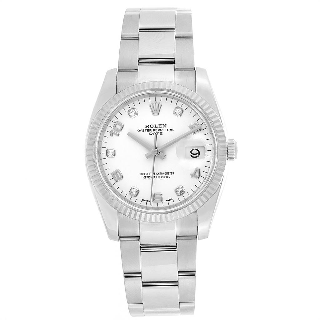 This image shows a front view of the Rolex Date 115234 Men's Stainless Steel White Dial 115234 Men's Stainless Steel White Dial model, showcasing the watch face, bezel, bracelet, and crown.