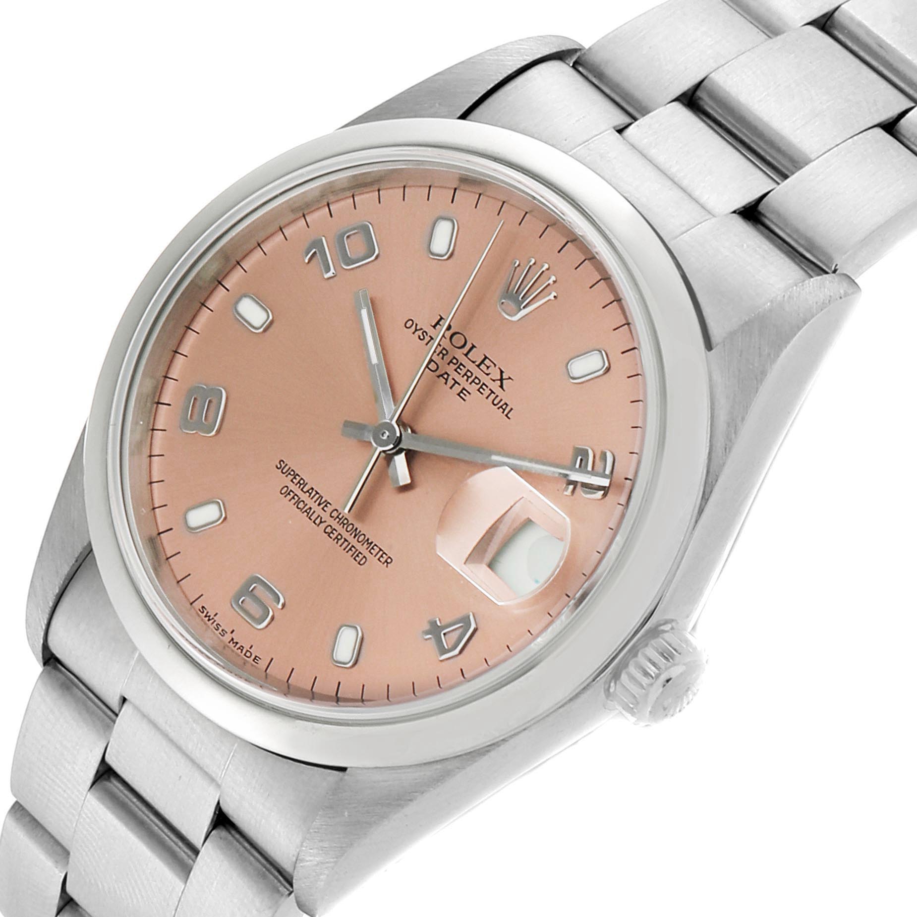 The image shows a Rolex Date 15200 Men's Stainless Steel Pink Dial 15200 Men's Stainless Steel Pink Dial model watch from a slight angle, displaying its pink dial, stainless steel bracelet, and date magnifier.