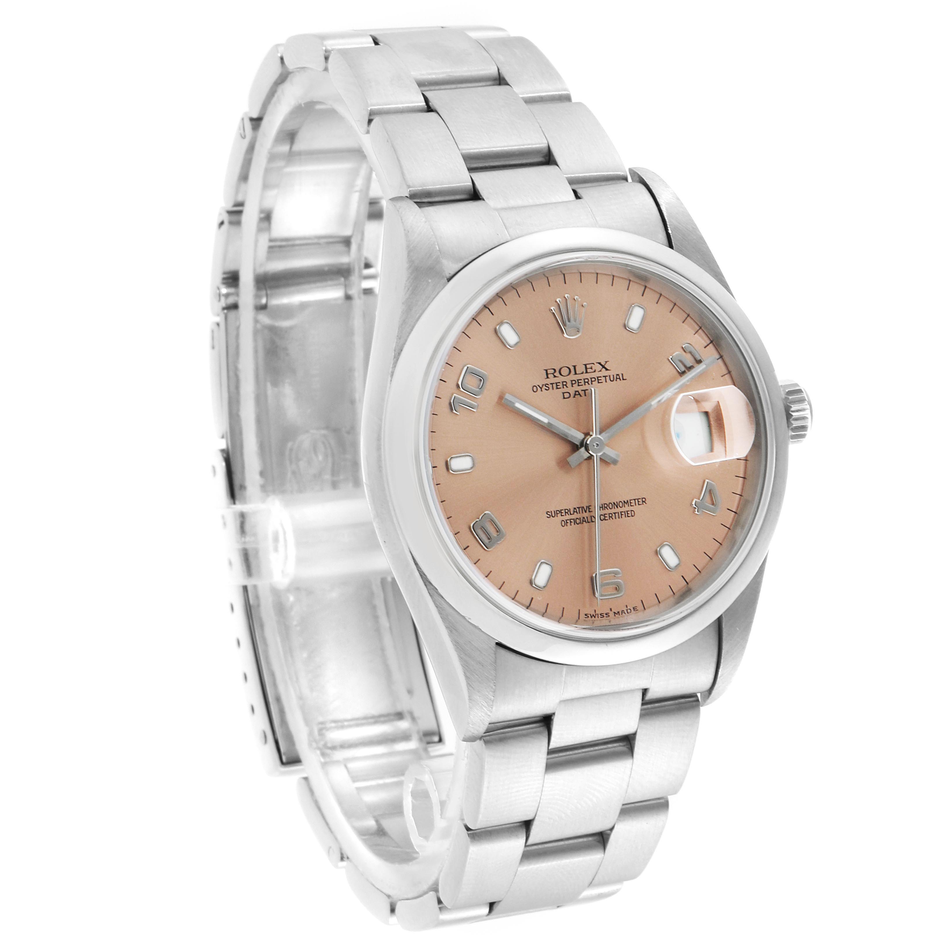 This image shows a Rolex Date 15200 Men's Stainless Steel Pink Dial 15200 Men's Stainless Steel Pink Dial model watch from an angled perspective, highlighting the dial, bezel, and bracelet.