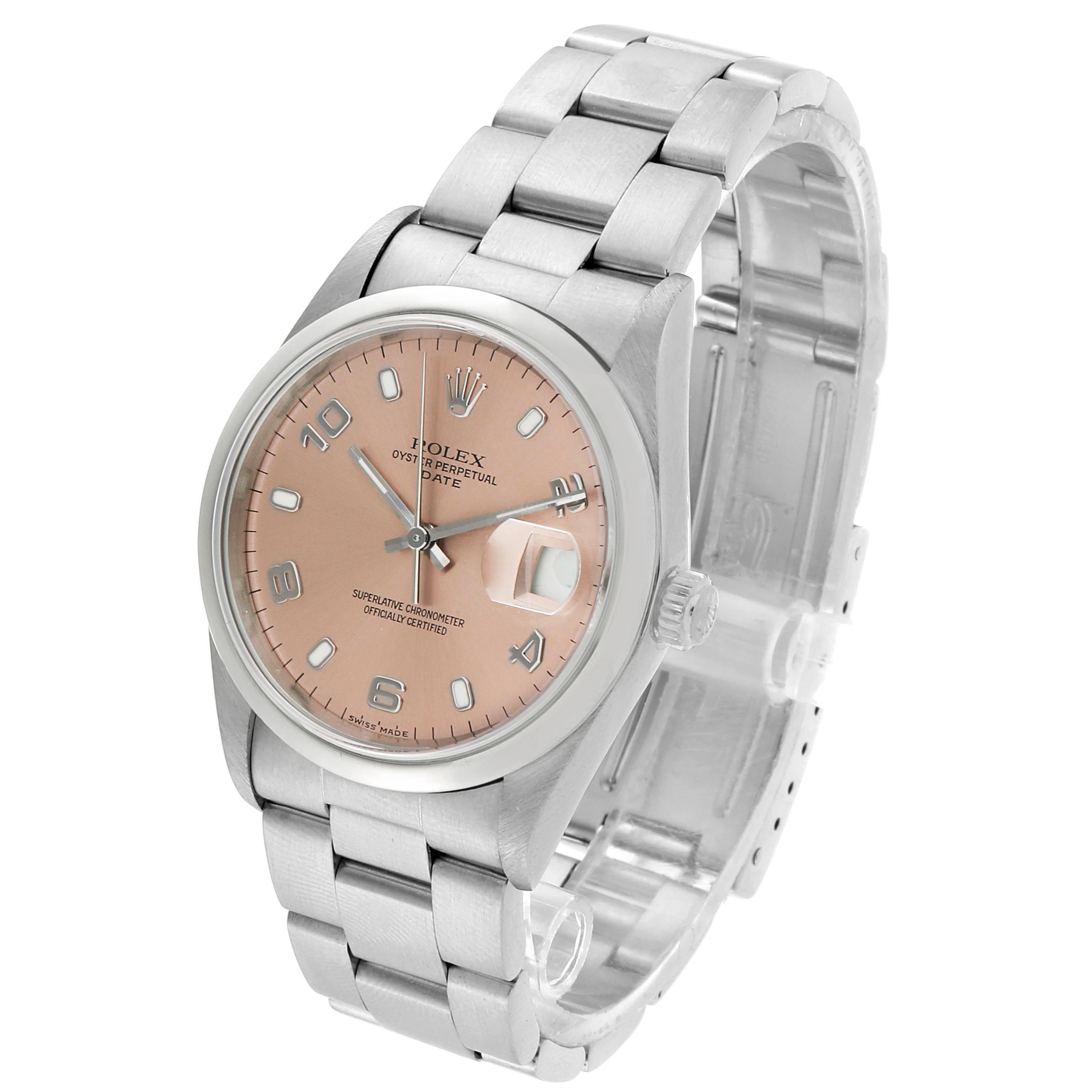 The image shows a Rolex Date 15200 Men's Stainless Steel Pink Dial 15200 Men's Stainless Steel Pink Dial model watch from an angled view, showcasing the face, dial, and partial bracelet.