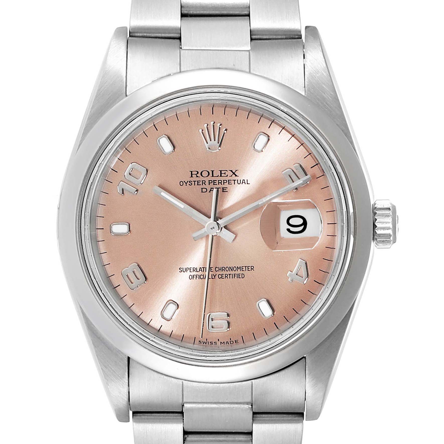 This image shows a front view of the Rolex Date 15200 Men's Stainless Steel Pink Dial 15200 Men's Stainless Steel Pink Dial model, featuring a pink dial and metal bracelet.