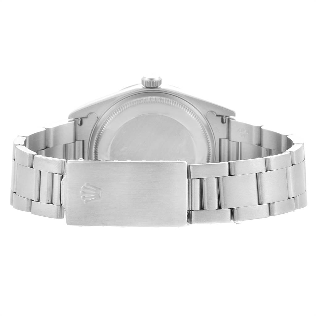 This image shows the back view of a Rolex Date 15200 Men's Stainless Steel Pink Dial 15200 Men's Stainless Steel Pink Dial model watch, highlighting the case back and metal bracelet clasp.