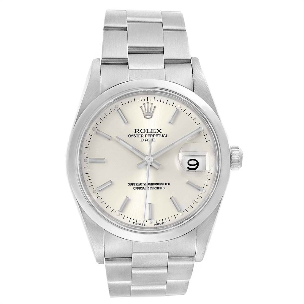 The image shows a front view of the Rolex Oyster Perpetual Date watch, displaying the face, dial, and bracelet.