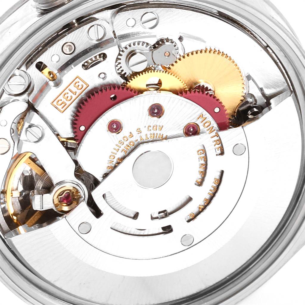 This image shows a close-up view of the internal mechanism of a Rolex Date 15200 Men's Stainless Steel Silver Dial 15200 Men's Stainless Steel Silver Dial model watch, highlighting gears and components.