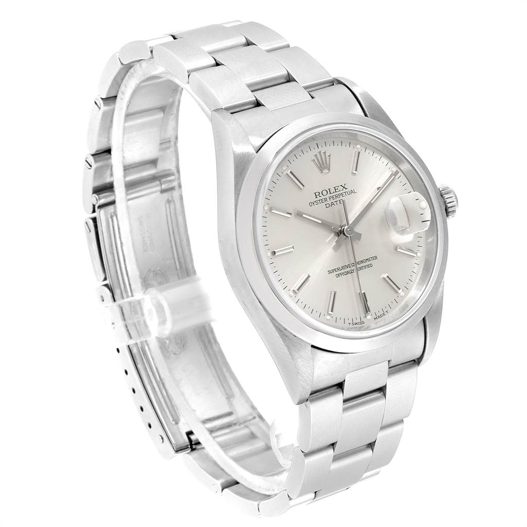 The image shows a side angle of a Rolex Date 15200 Men's Stainless Steel Silver Dial 15200 Men's Stainless Steel Silver Dial model watch, highlighting its face, bracelet, and case.