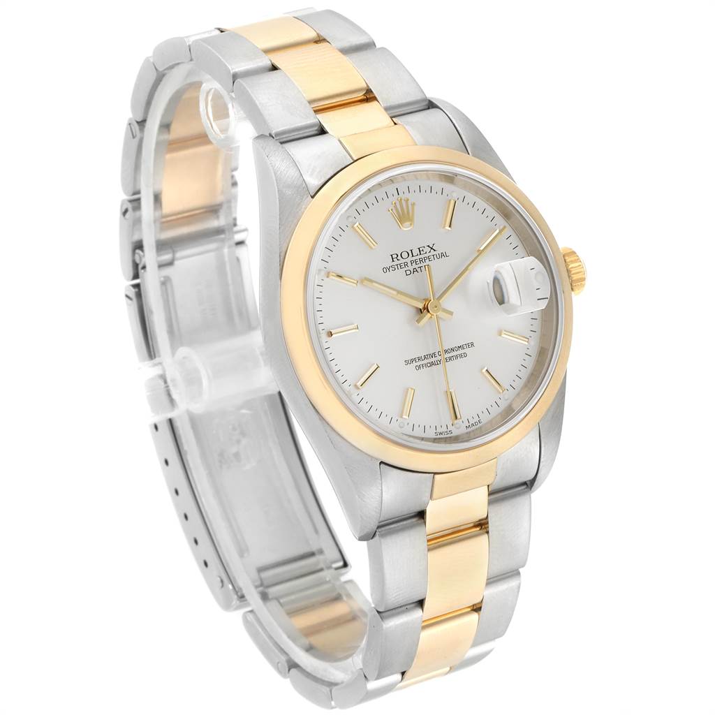 This image shows a side and front angle of a Rolex Date 15203 Men's Steel and Gold (two tone) Silver Dial 15203 Men's Steel and Gold (two tone) Silver Dial model watch with a two-tone bracelet and white dial.