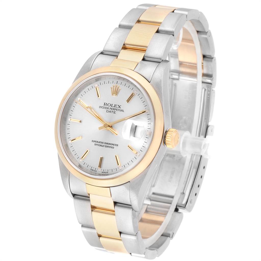 The Rolex Date 15203 Men's Steel and Gold (two tone) Silver Dial 15203 Men's Steel and Gold (two tone) Silver Dial model watch is shown at an angle highlighting the dial, bezel, crown, and metal bracelet.
