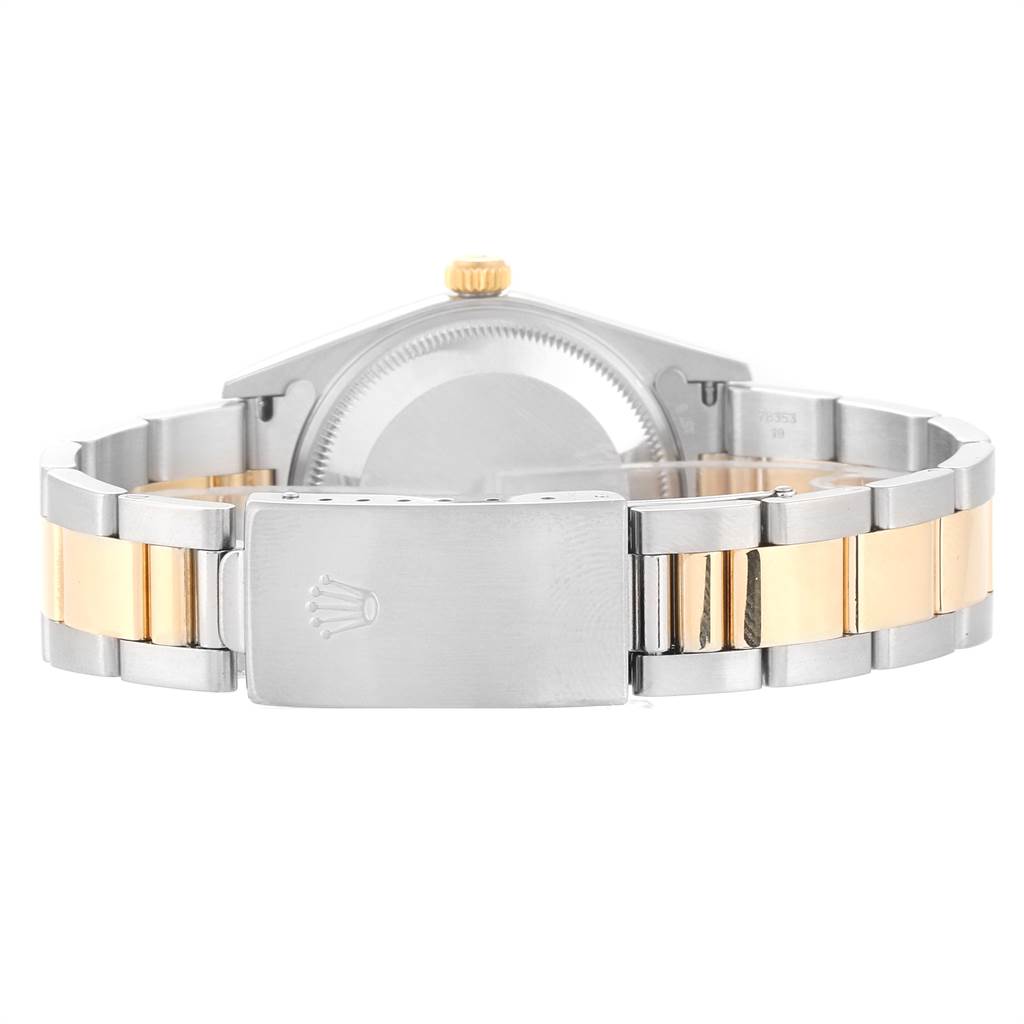 This image shows the back of a Rolex Date 15203 Men's Steel and Gold (two tone) Silver Dial 15203 Men's Steel and Gold (two tone) Silver Dial model watch, highlighting the bracelet and clasp.