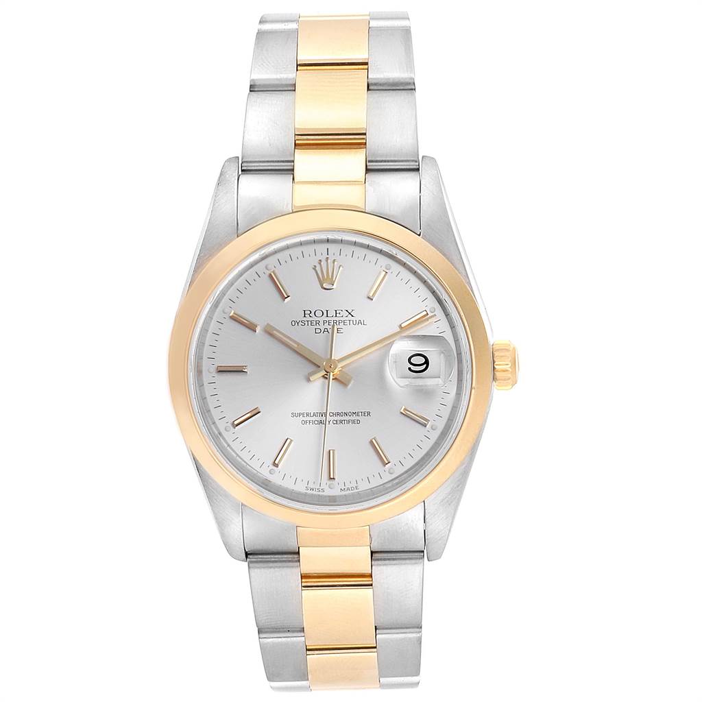 The image shows a frontal view of a Rolex Date 15203 Men's Steel and Gold (two tone) Silver Dial 15203 Men's Steel and Gold (two tone) Silver Dial model watch, highlighting its two-tone bracelet, bezel, dial, and date window.