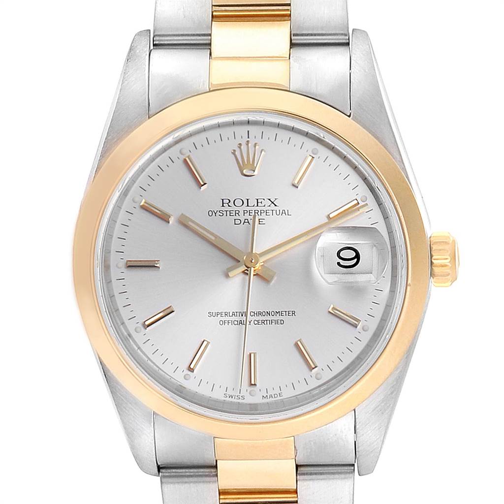 The image shows the front view of a Rolex Oyster Perpetual Date watch, highlighting its dial, bezel, hands, and date function.