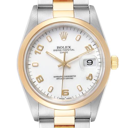 Photo of Rolex Date Steel Yellow Gold White Dial Mens Watch 15203 Box