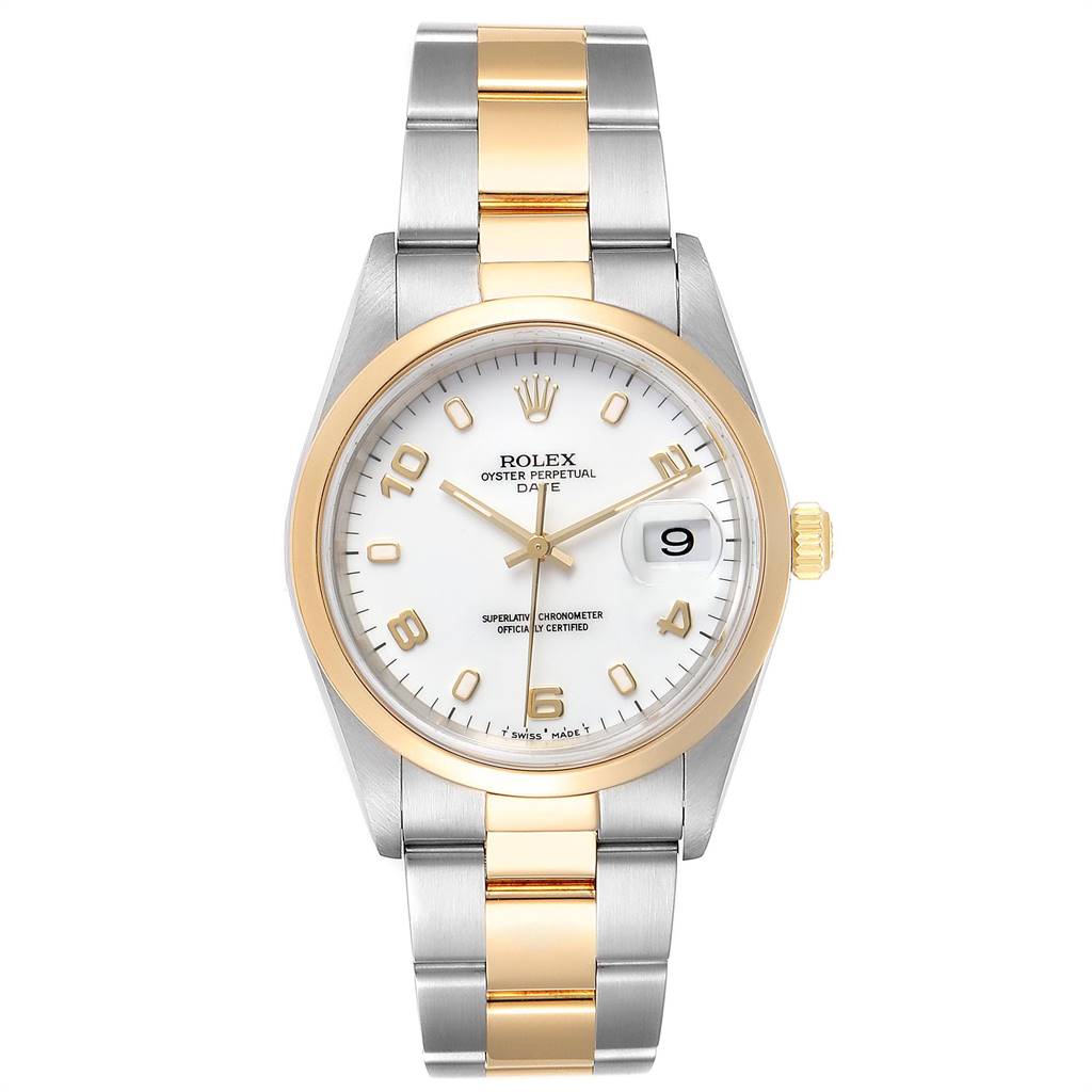 This image shows a front view of a Rolex Date 15203 Men's Steel and Gold (two tone) White Dial 15203 Men's Steel and Gold (two tone) White Dial model watch, highlighting its dial, bezel, crown, bracelet, and date window.