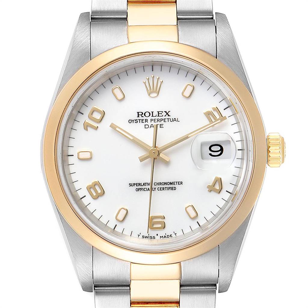 The image shows a front view of a Rolex Oyster Perpetual Date watch, displaying the face, bezel, and a portion of the bracelet.