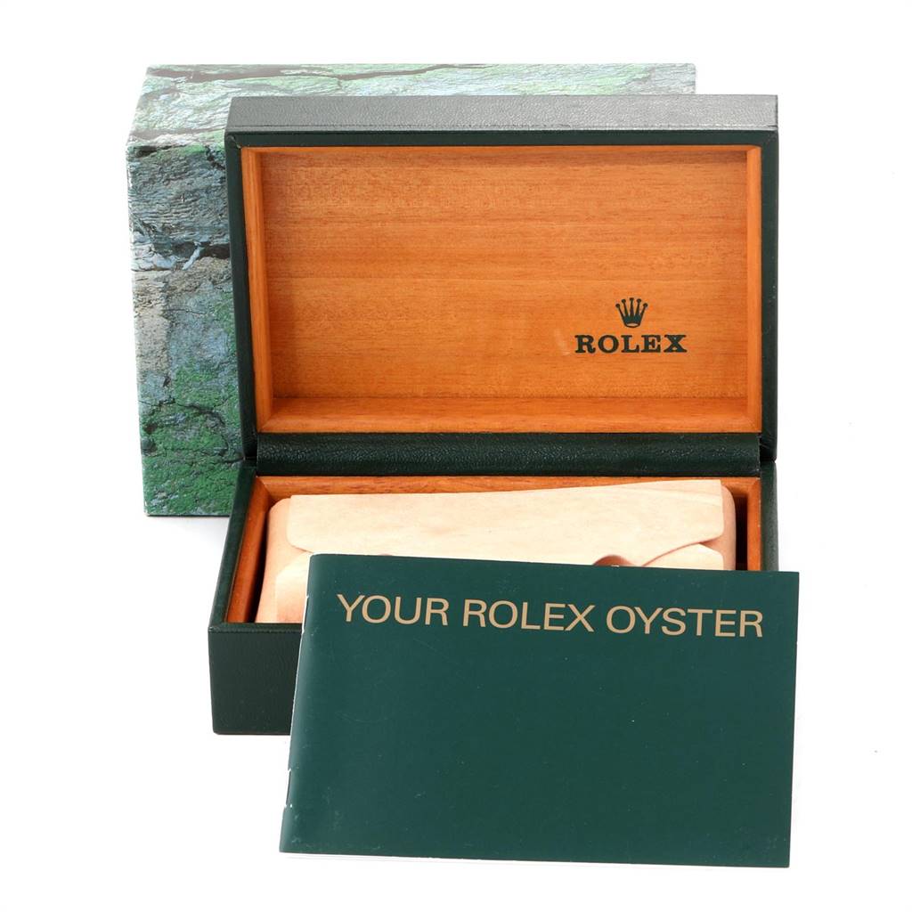 The image shows a Rolex Date 15203 Men's Steel and Gold (two tone) White Dial 15203 Men's Steel and Gold (two tone) White Dial model watch box and an instruction manual titled "Your Rolex Oyster."