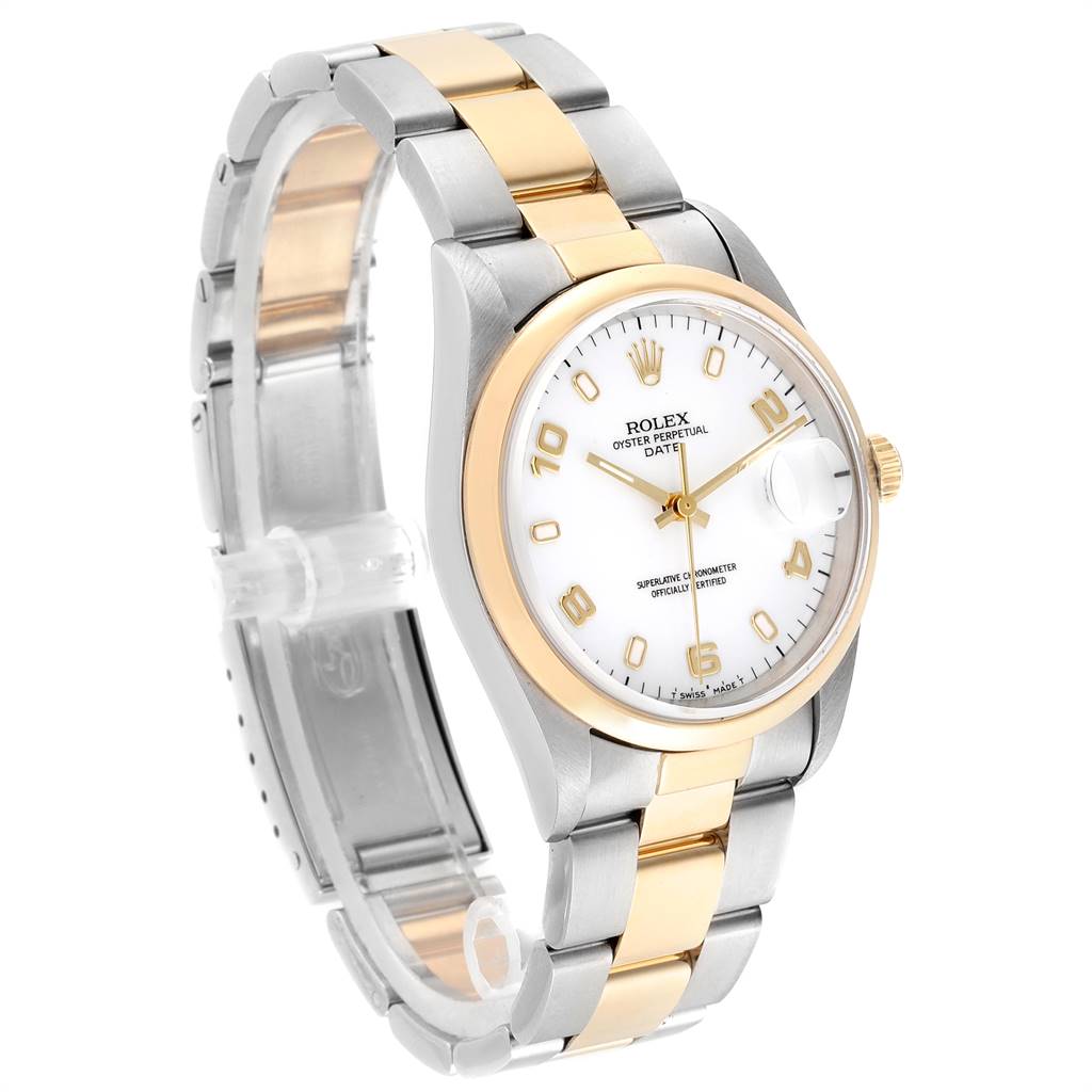 This image shows a Rolex Date 15203 Men's Steel and Gold (two tone) White Dial 15203 Men's Steel and Gold (two tone) White Dial model watch at an angled side view, highlighting its two-tone bracelet and white dial.