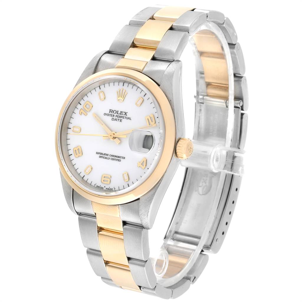 The image shows a Rolex Date 15203 Men's Steel and Gold (two tone) White Dial 15203 Men's Steel and Gold (two tone) White Dial model watch at an oblique angle, highlighting its dial, bracelet, and clasp.