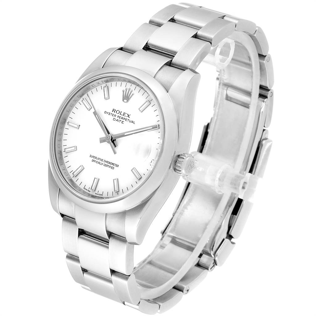 This image shows a Rolex Date 115200 Men's Stainless Steel White Dial 115200 Men's Stainless Steel White Dial model watch at an angled view, highlighting its face, crown, and bracelet.