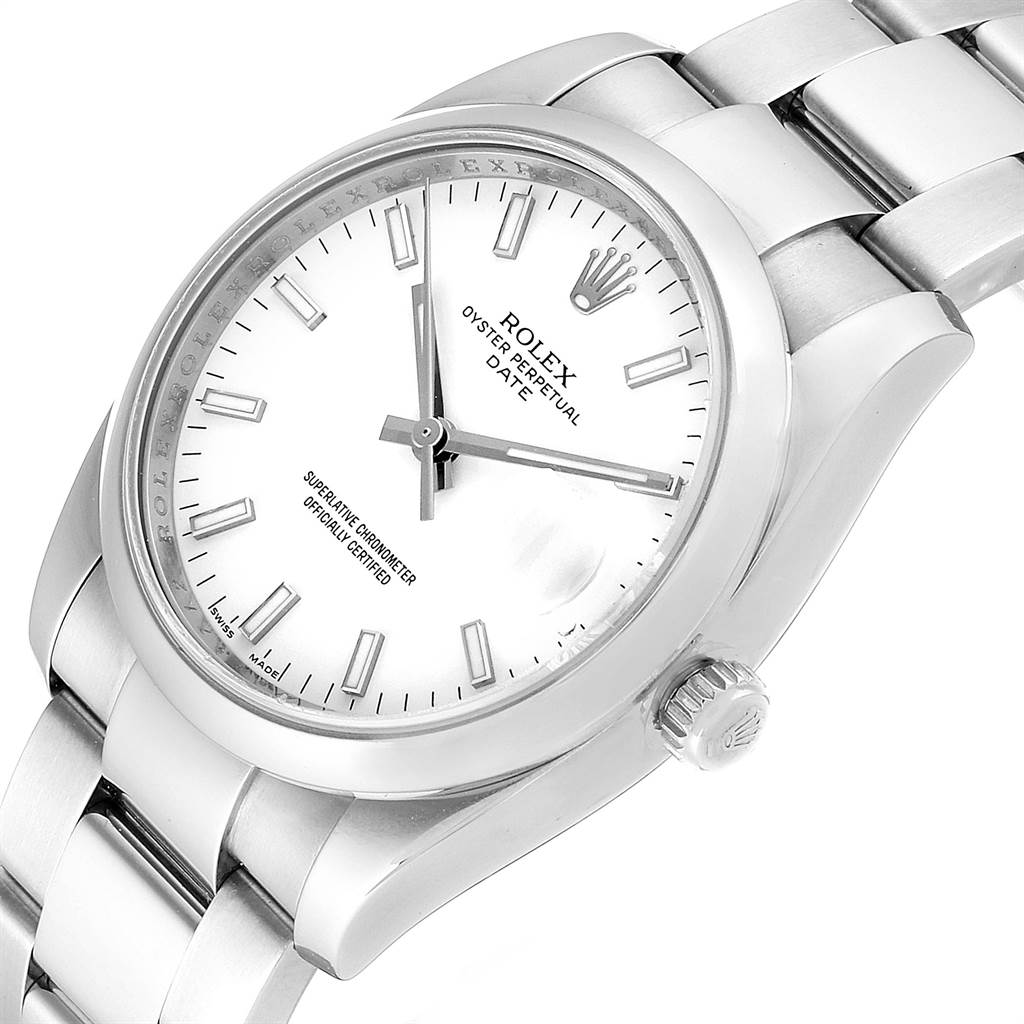 The image shows a top view of a Rolex Date 115200 Men's Stainless Steel White Dial 115200 Men's Stainless Steel White Dial model watch, highlighting its silver dial, hands, and bracelet.