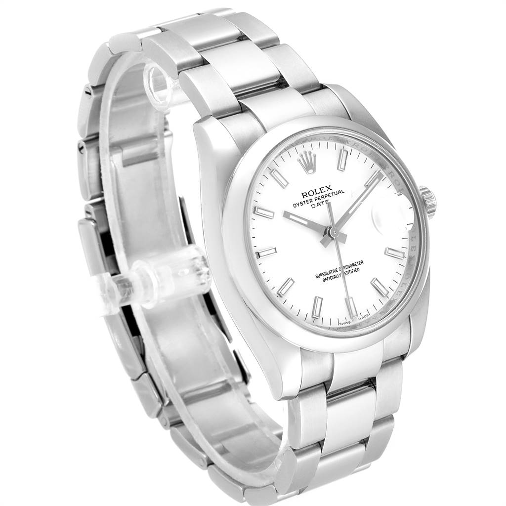 This Rolex Date 115200 Men's Stainless Steel White Dial 115200 Men's Stainless Steel White Dial model watch is pictured at a 3/4 angle showing the face, bezel, crown, and bracelet.