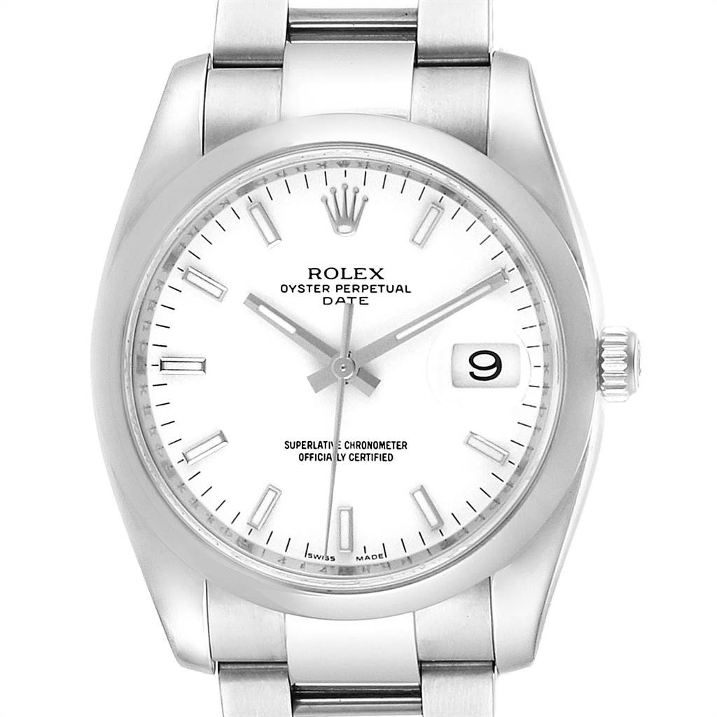 The image shows the face and part of the bracelet of a Rolex Date 115200 Men's Stainless Steel White Dial 115200 Men's Stainless Steel White Dial model watch at a front angle.