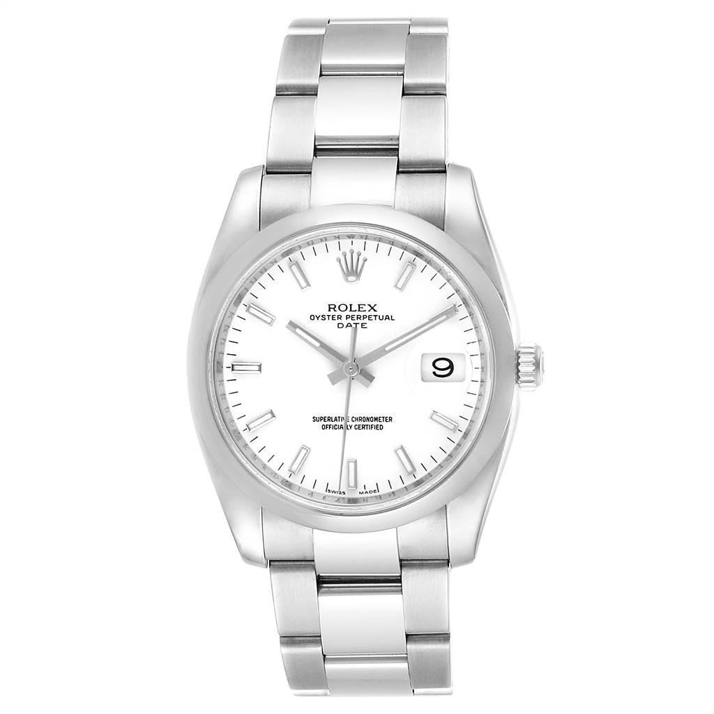 The image shows a front view of a Rolex Date 115200 Men's Stainless Steel White Dial 115200 Men's Stainless Steel White Dial model watch, displaying the dial, bracelet, and date window.