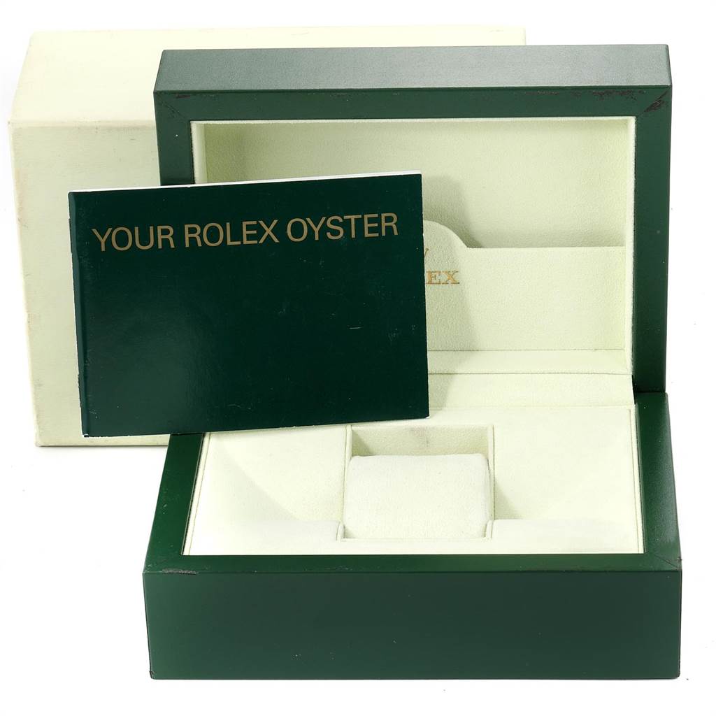 The image shows the packaging and manual for the Rolex Date 115200 Men's Stainless Steel White Dial 115200 Men's Stainless Steel White Dial model watch, with the box open and the booklet titled "Your Rolex Oyster" displayed.