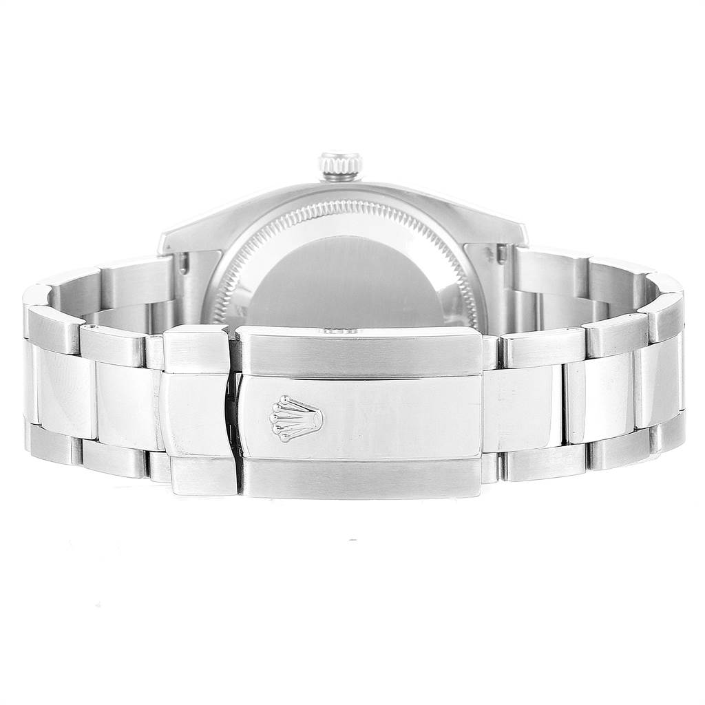 The image shows the rear view of the Rolex Date 115200 Men's Stainless Steel White Dial 115200 Men's Stainless Steel White Dial model watch with its metal bracelet and clasp clearly visible.