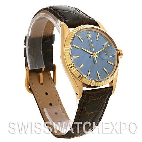 This image shows a Rolex Date 1503 Men's Yellow Gold Blue Dial 1503 Men's Yellow Gold Blue Dial model watch from a three-quarter angle, highlighting its gold case, blue dial, and leather strap.