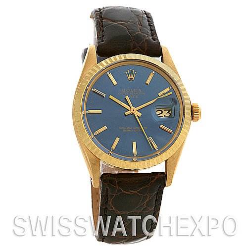 The image shows a front-angle view of the Rolex Date 1503 Men's Yellow Gold Blue Dial 1503 Men's Yellow Gold Blue Dial model watch, featuring its dial, bezel, hands, date window, and leather strap.