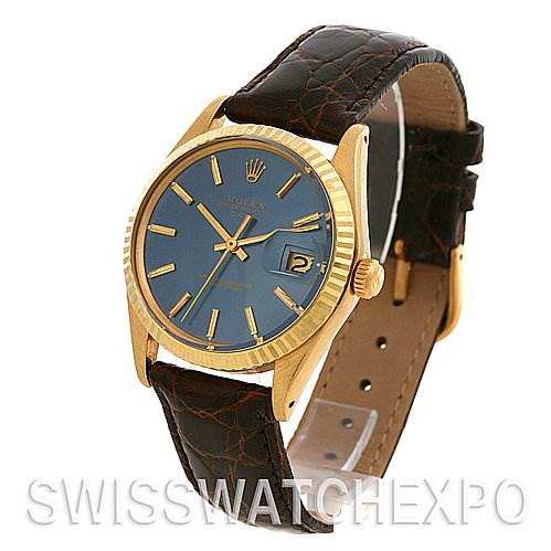 The image shows a Rolex Date 1503 Men's Yellow Gold Blue Dial 1503 Men's Yellow Gold Blue Dial model watch at an angled view, featuring a blue dial, gold bezel, and a dark leather strap.
