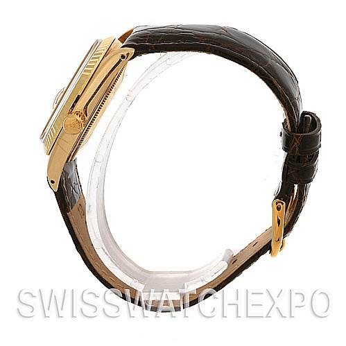 This image shows a side profile view of a Rolex Date 1503 Men's Yellow Gold Blue Dial 1503 Men's Yellow Gold Blue Dial model watch, highlighting the case, crown, and leather strap.