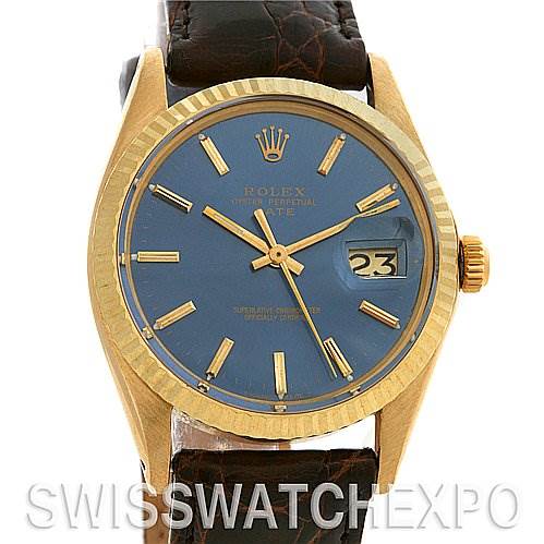 This image shows a front view of a Rolex Date 1503 Men's Yellow Gold Blue Dial 1503 Men's Yellow Gold Blue Dial model watch, highlighting the dial, hands, bezel, date display, and strap.
