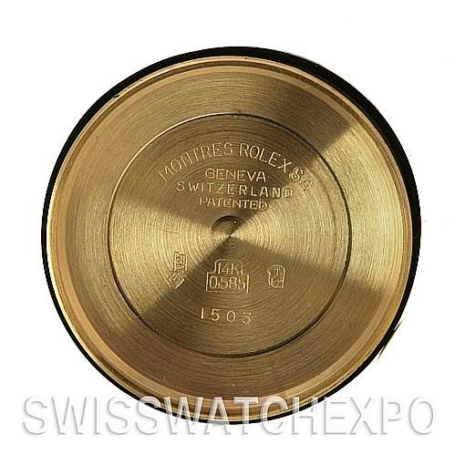 This image shows the inside case back of a Rolex Date 1503 Men's Yellow Gold Blue Dial 1503 Men's Yellow Gold Blue Dial model watch, featuring brand engravings and model information.